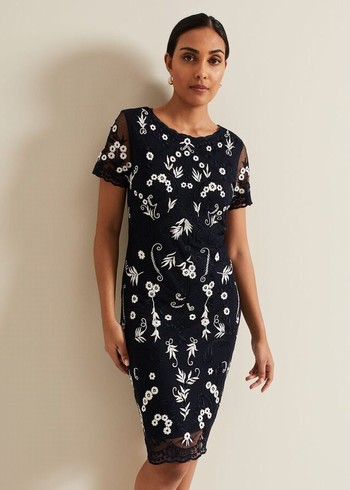 Phase Eight Petite Florisa Embroidered Dress Navy Australia | DN0138475